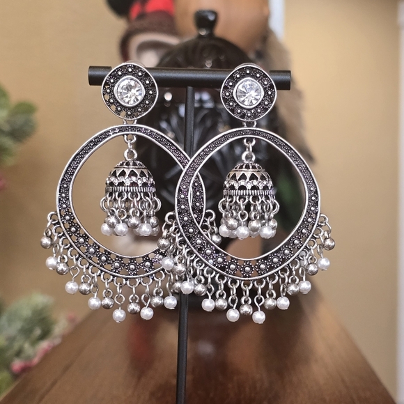 Indian Jhumka Round Crystal Oxidized Silvertone Hoop Earrings - Picture 3 of 6